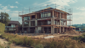 Sebuah rumah dua lantai sedang dalam tahap pembangunan sesuai dengan Izin Mendirikan Bangunan (IMB)